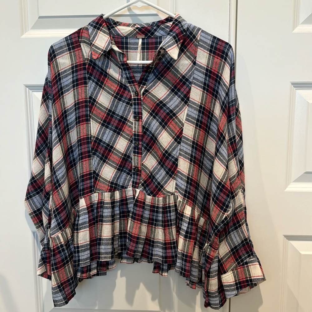 Free People Promise Everything Plaid Crop Top Ruffle Hem Size XS